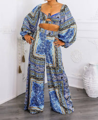 Surelymine - Bold Baroque Print Two-piece Set Tie Front Crop & Wide Pants