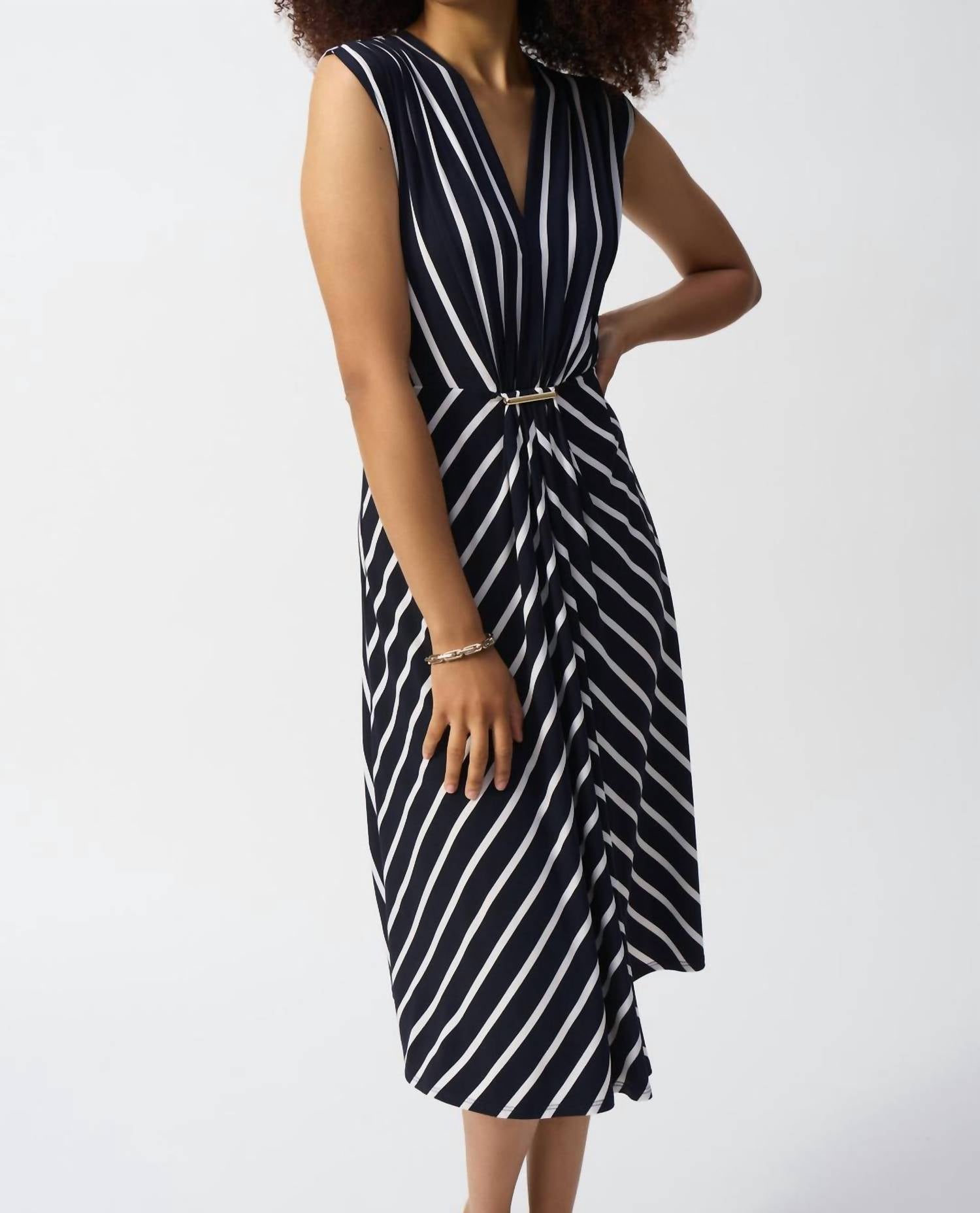 Joseph Ribkoff Silky Knit Stripe Fit And Flare Dress in midnight blue vanilla - women's dress - detail view