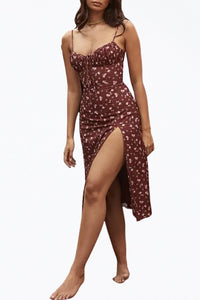FLORAL-PRINT RUCHED SATIN SLIP MIDI DRESS