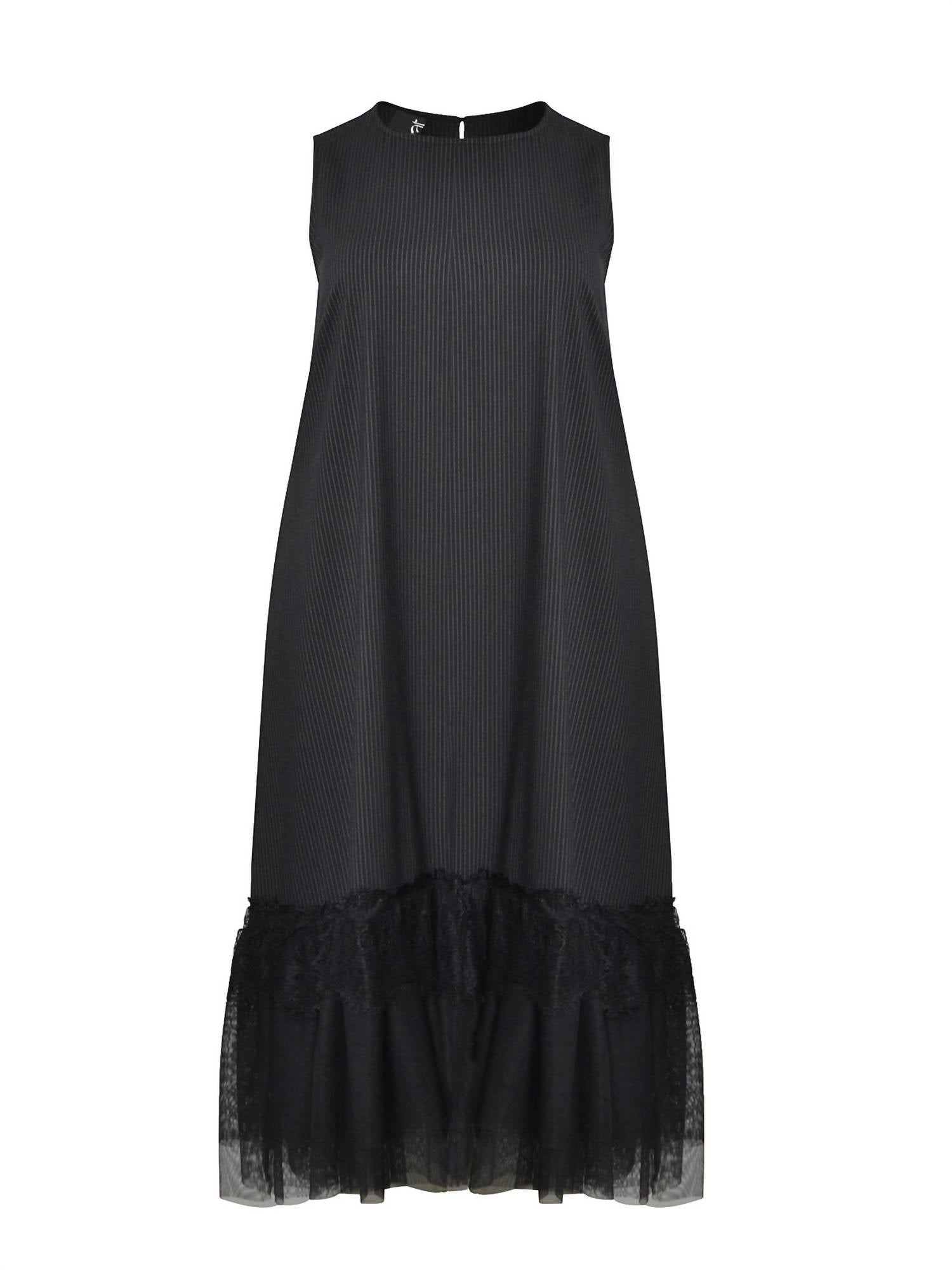 Mat Fashion - PINSTRIPE SHIFT DRESS WITH LACE HEM