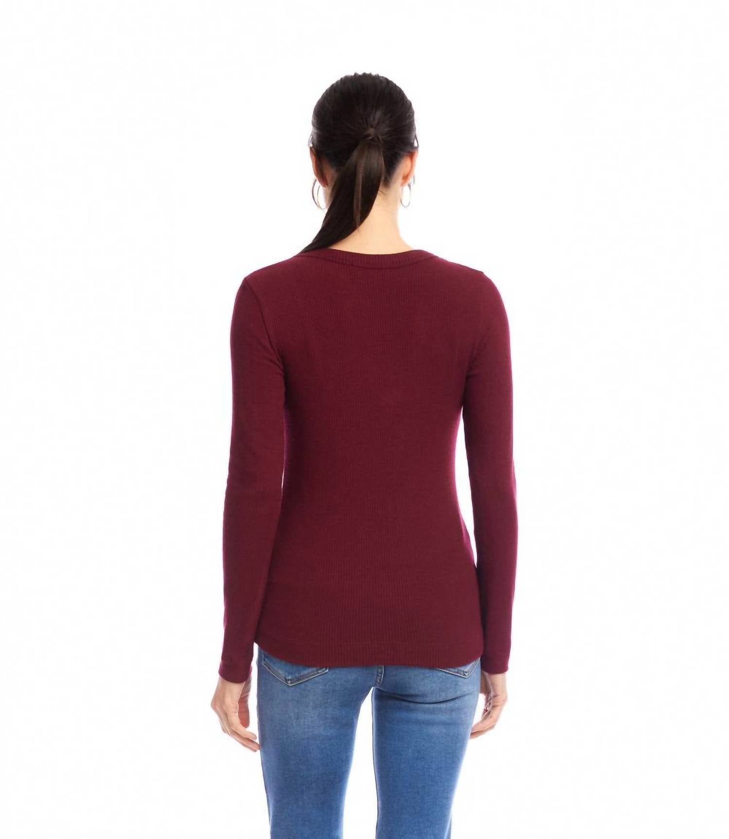 Karen Kane Long Sleeve Ribbed V-Neck Top in wine - women's long sleeve top - alternate view