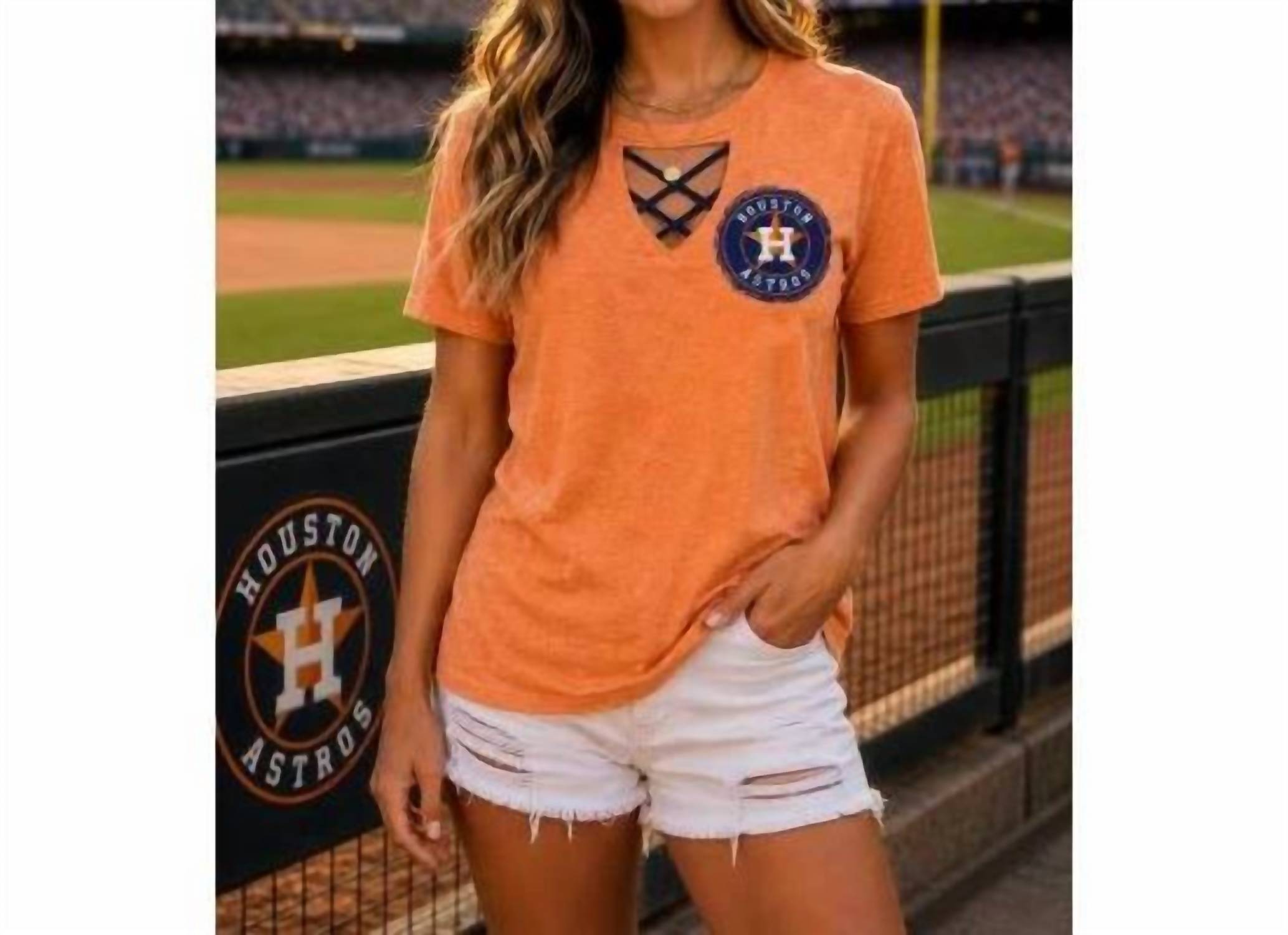 Sweet Texas Treasures - Houston Astros Cutout Neckline Graphic Tee