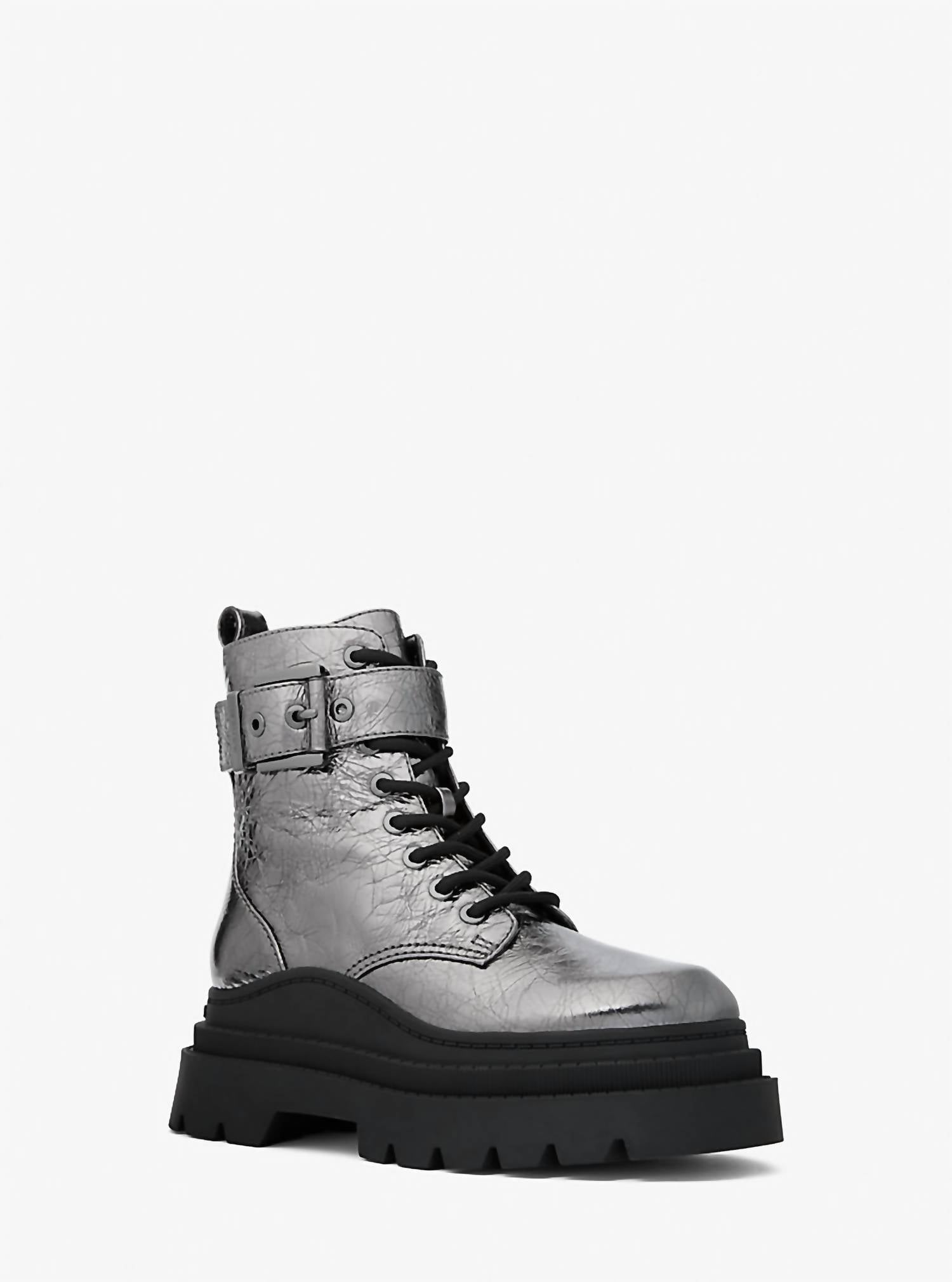 MICHAEL KORS Women's Colby Crackled Metallic Leather Combat Boots in silver - women's shoe