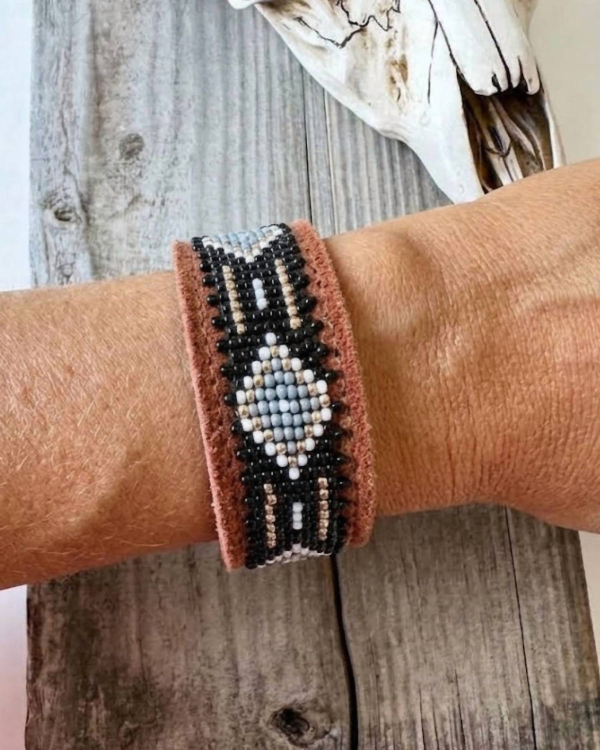 Boho Ranch - Women's Western Aztec Seed Bead Leather Cuff Bracelet