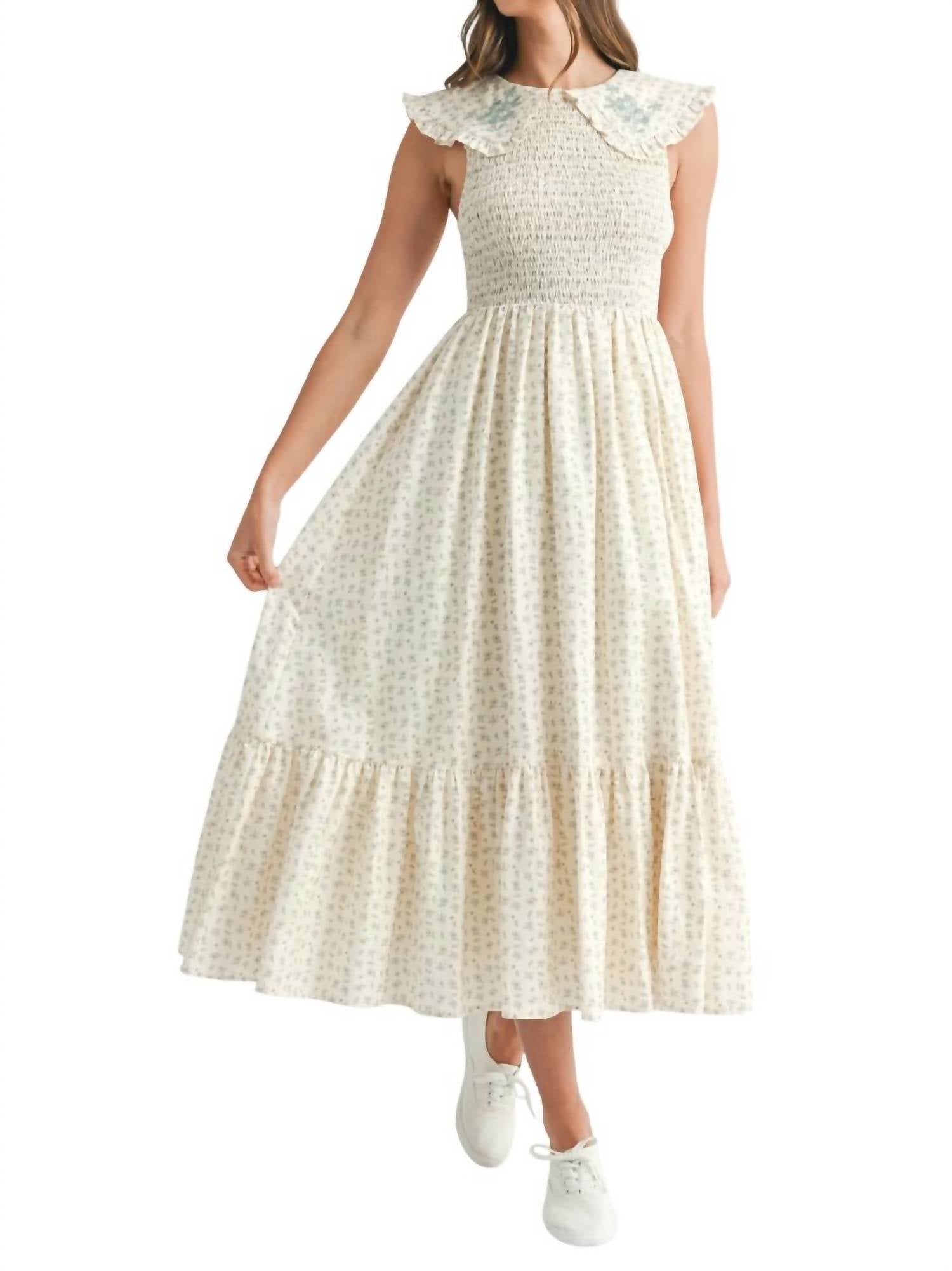 Mable - Floral Peter Pan Smocked Midi Dress