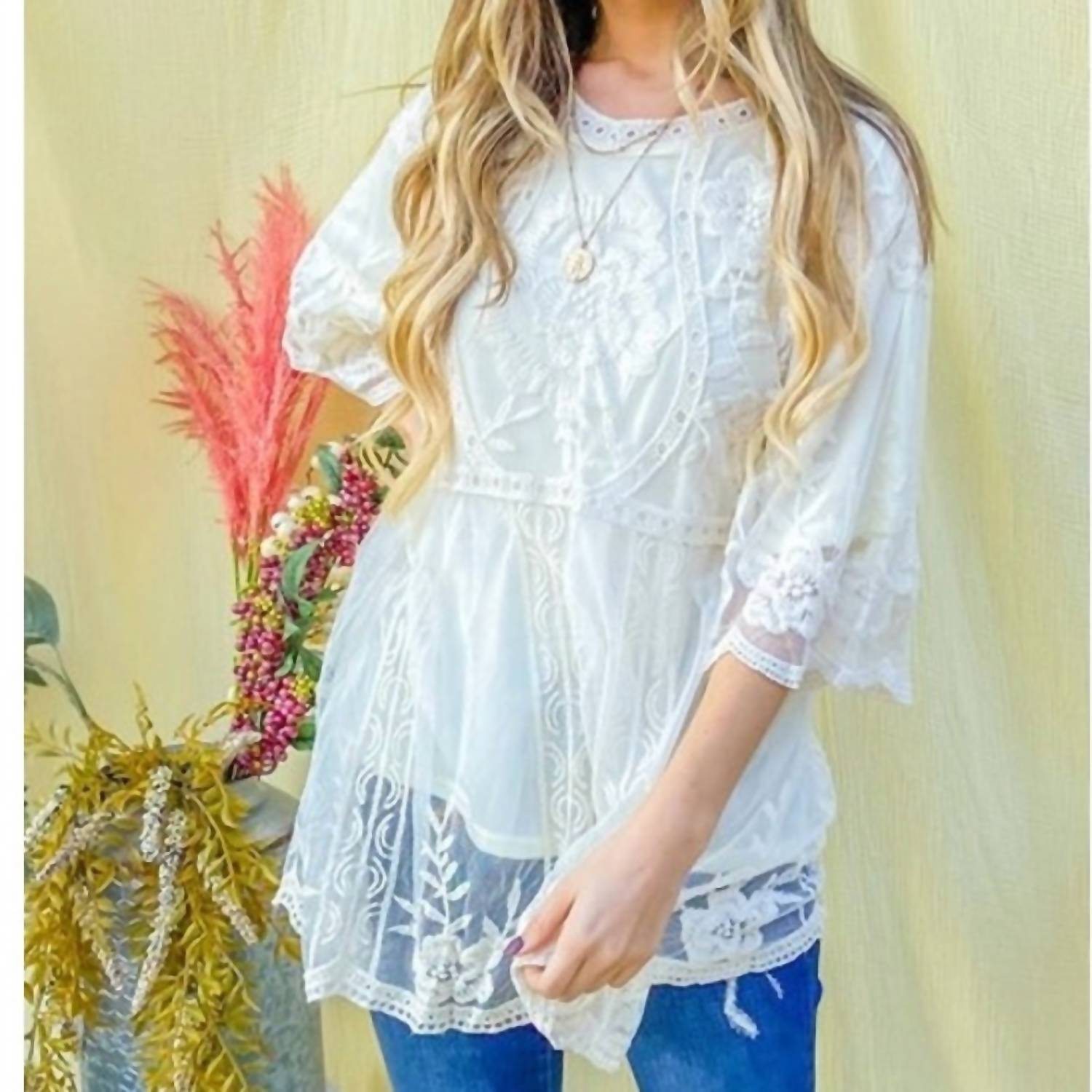 And The Why - Boho Floral Embroidered Mesh Tunic Top With Lining