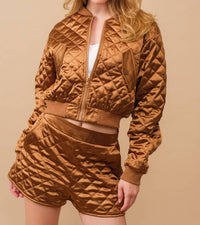 Blue B Quilted Crop Pocket Bomber Jacket With Matching Set in brown - women's sleepwear