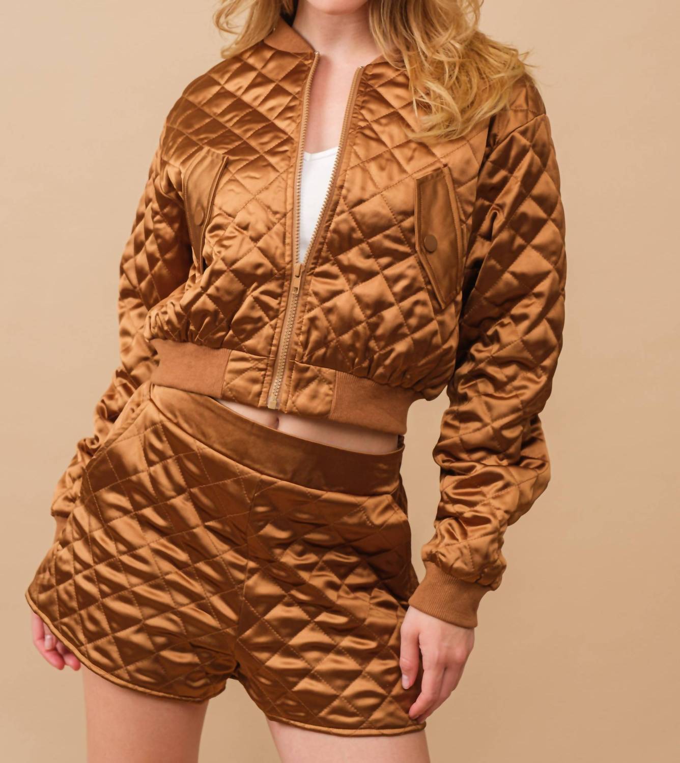 Blue B Quilted Crop Pocket Bomber Jacket With Matching Set in brown - women's sleepwear