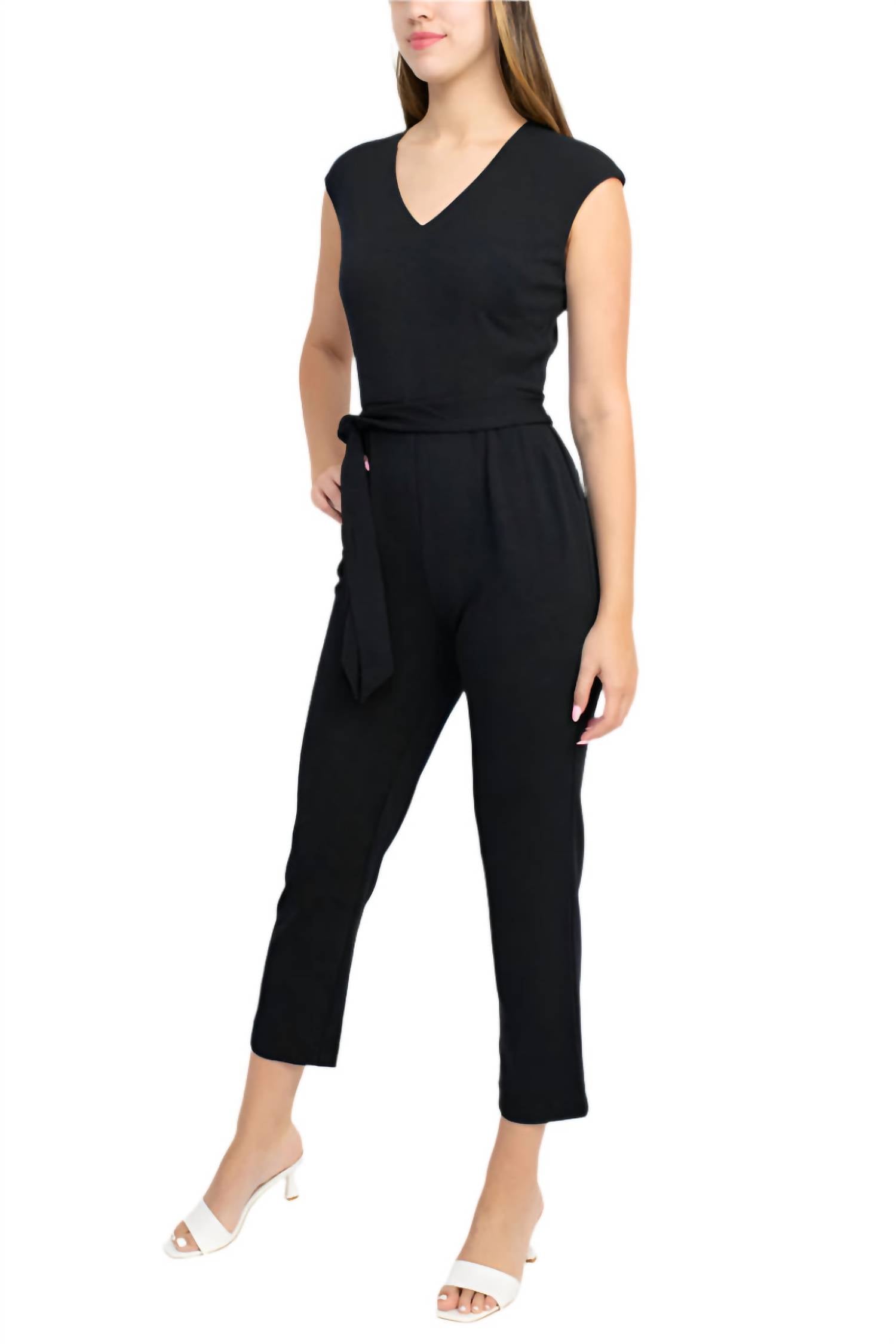 Nine West - V-neck Sleeveless Tie Waist Solid Crepe Jumpsuit