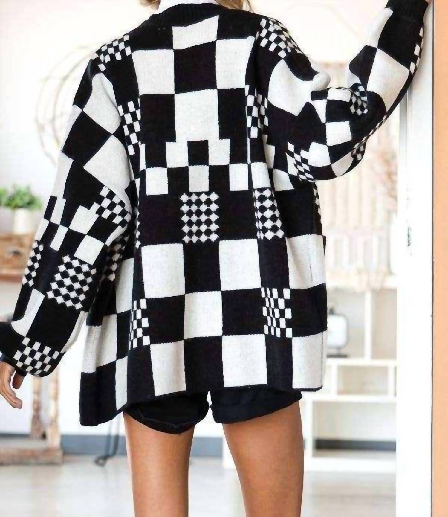Jade By Jane - Block Check Open Knit Cardigan With Pocket