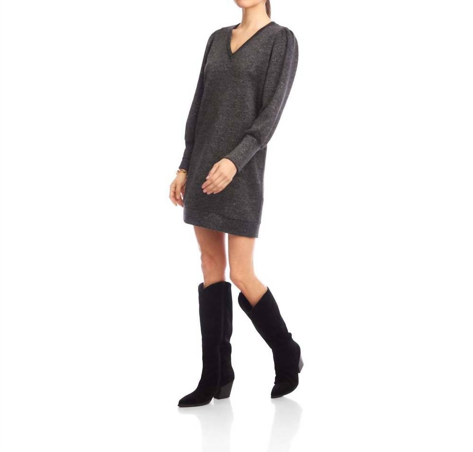 Karen Kane Puff Sleeve V-Neck Dress in black with silver - women's dress - alternate view