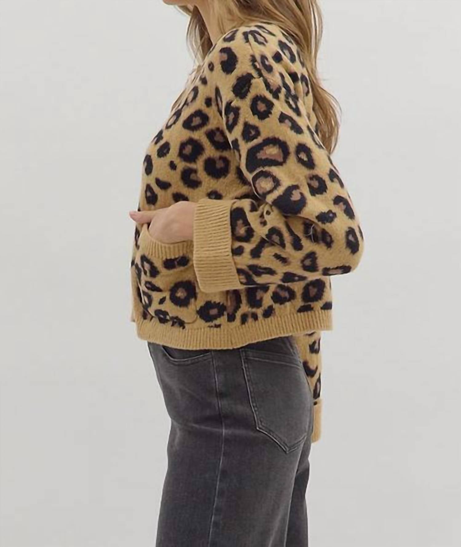 entro Leopard Sweater Cardigan in camel black gold - women's cardigan - detail view