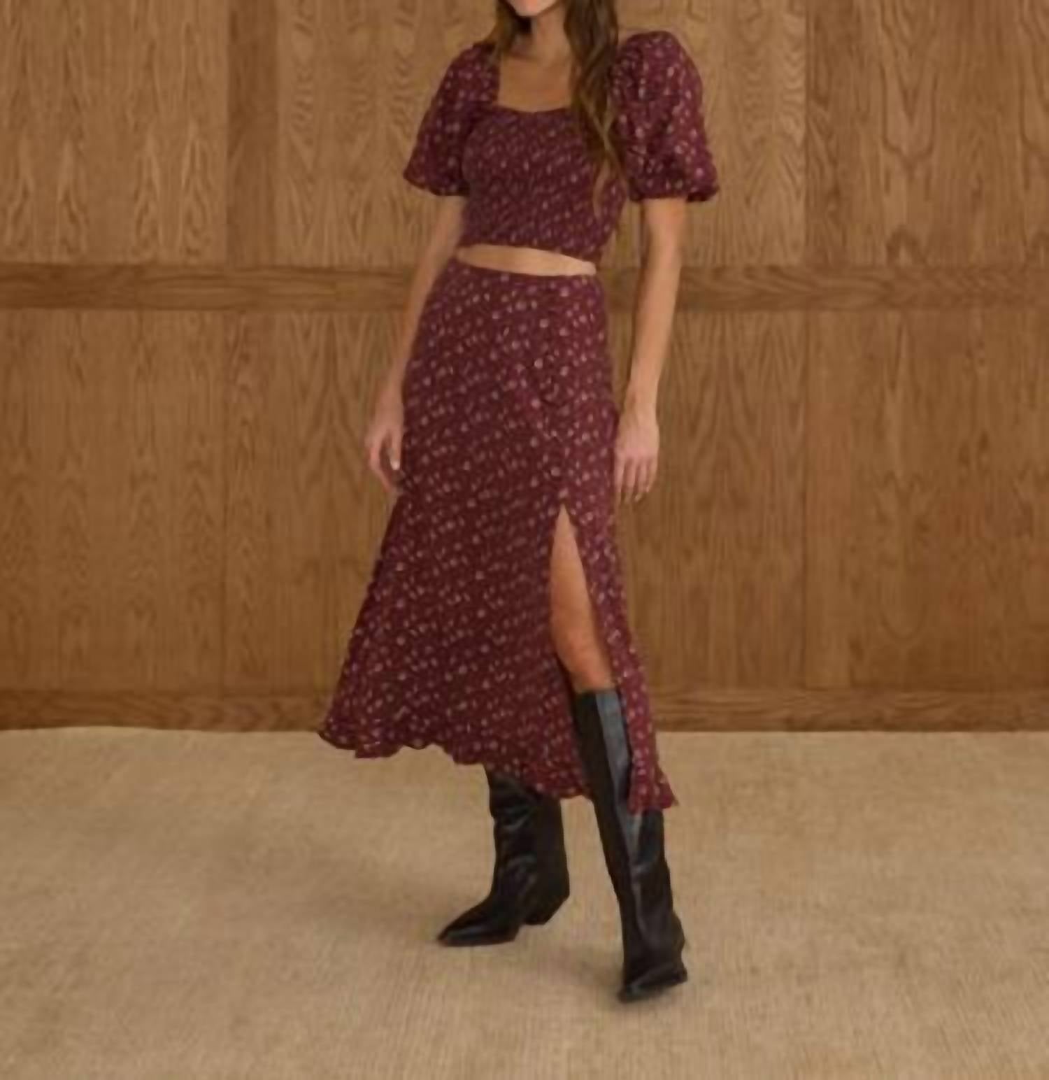Rylee + Cru Button Slit Skirt in harvest berry - women's skirt
