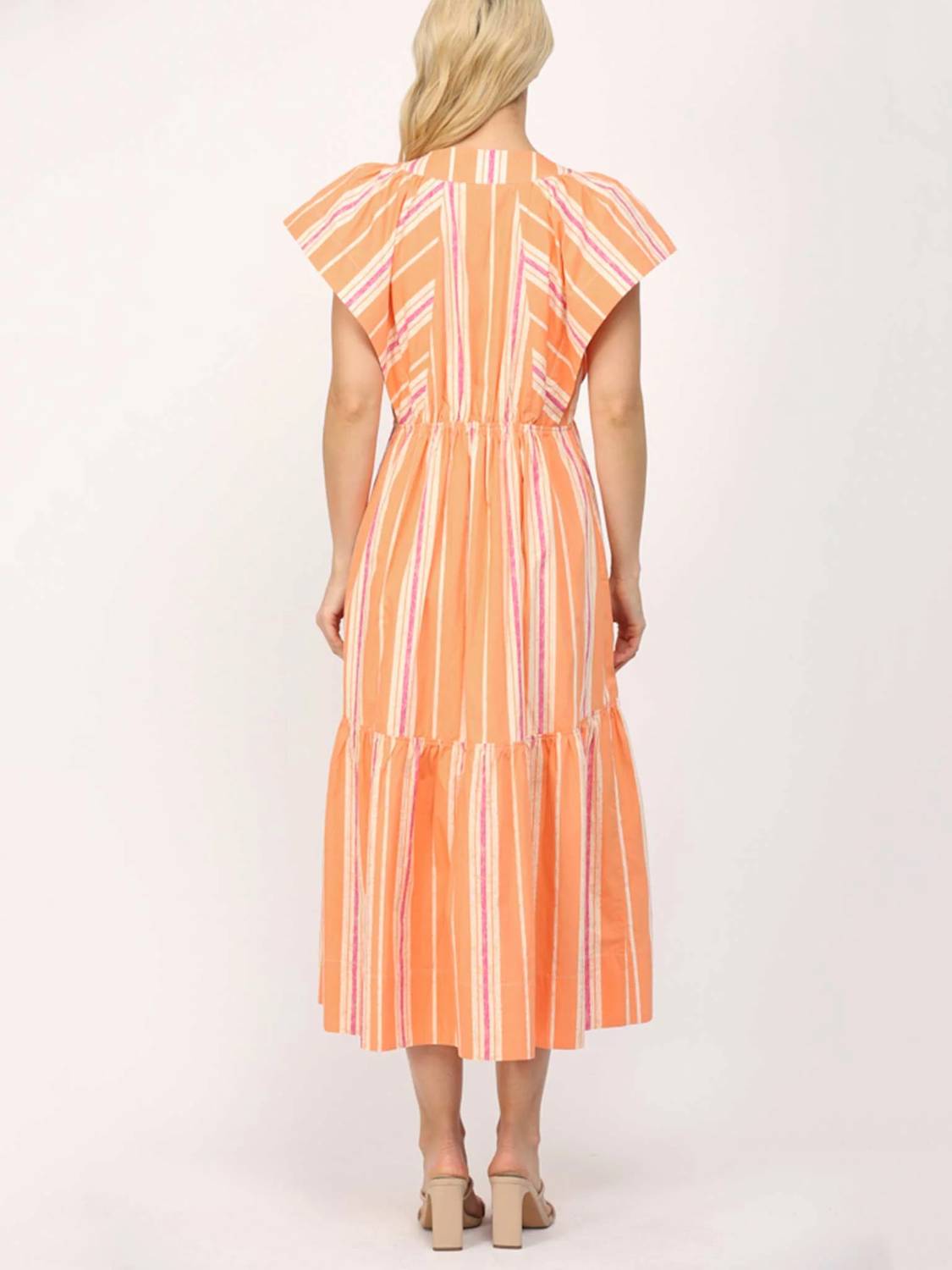 Fate - Stripe V-Neck Midi Dress with Swirl Button