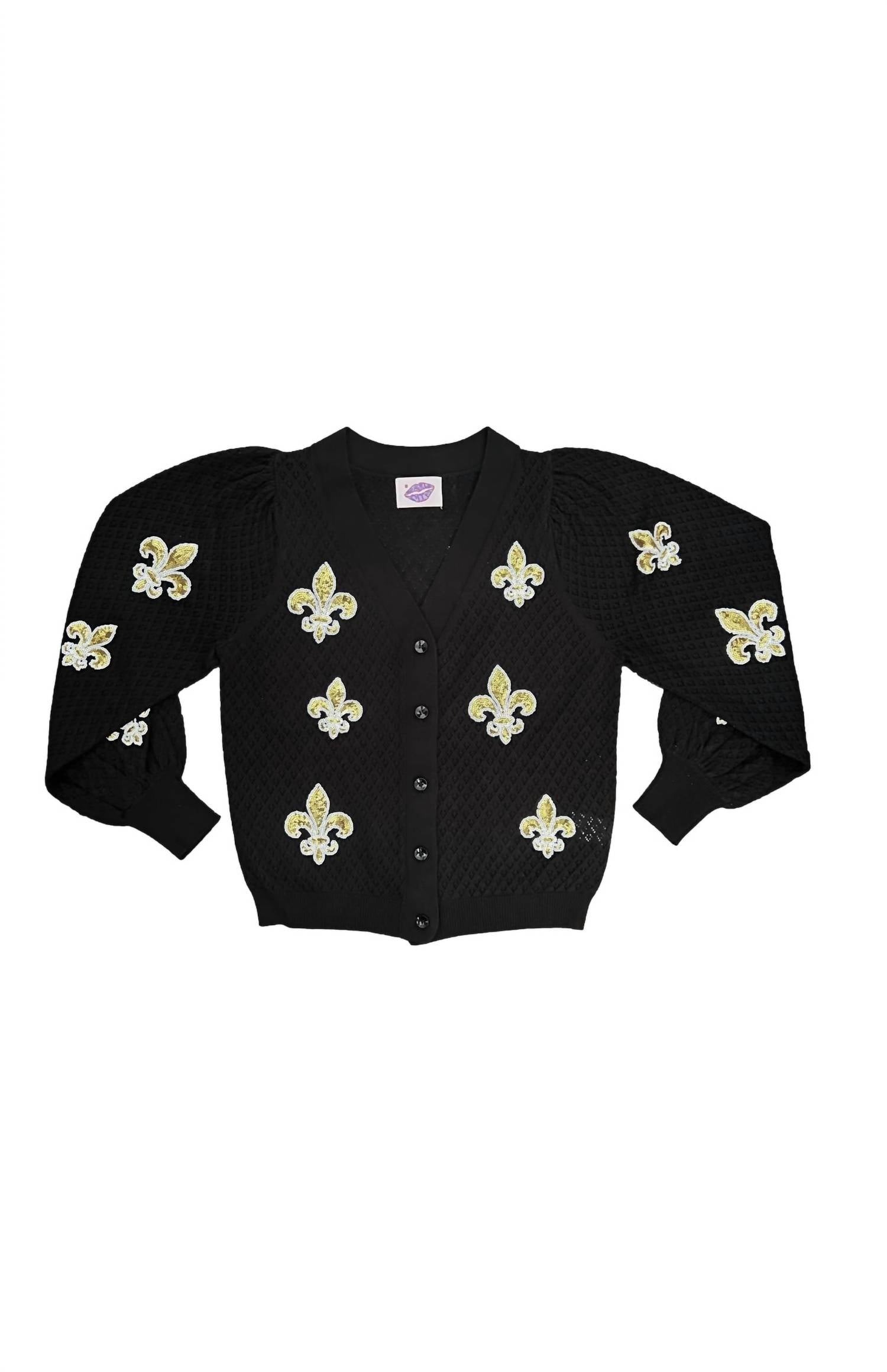 Sparkle City Women's Fleur De Lis Puff Cardigan in black - women's cardigan