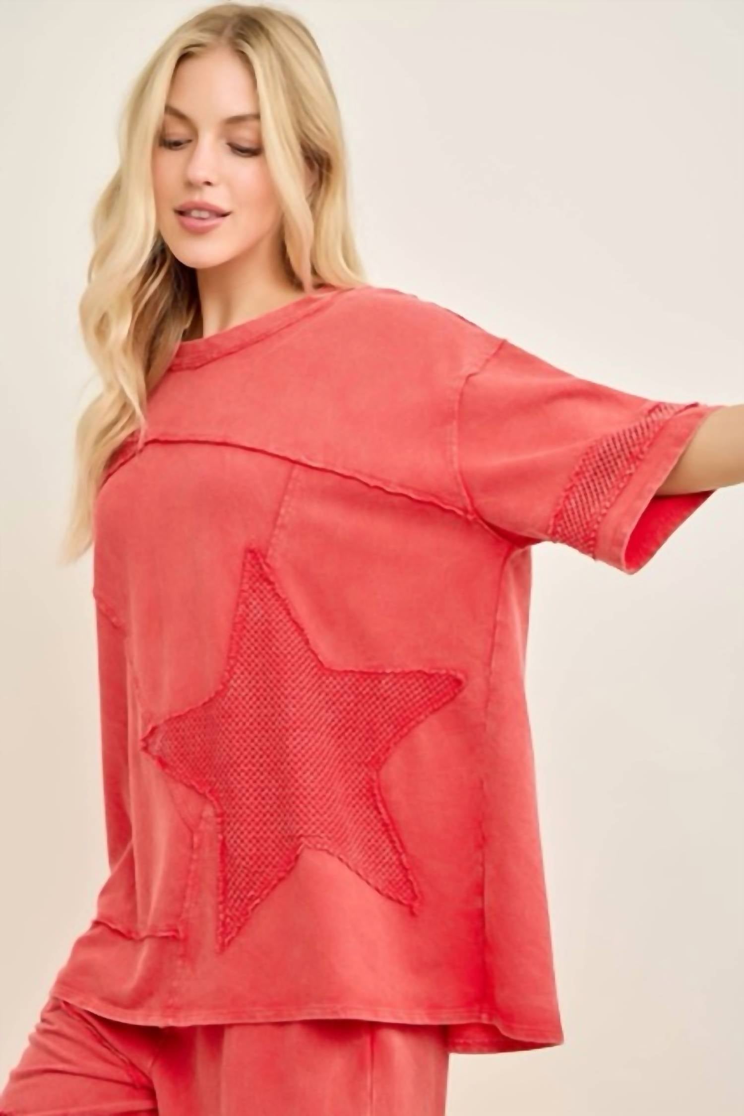 J.Her - Mineral Washed Mesh Star Patched Top