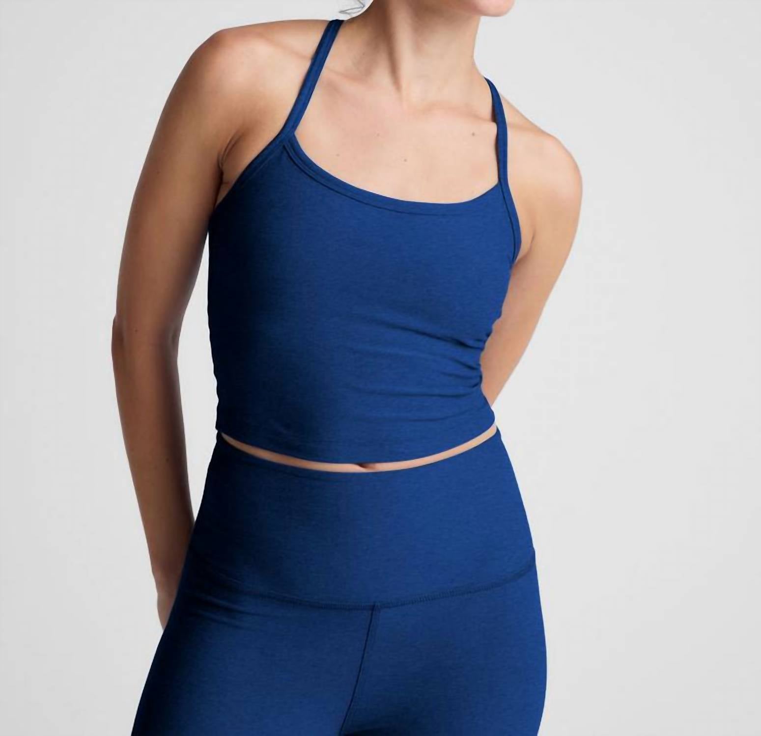BEYOND YOGA Spacedye Slim Racerback Cropped Tank Top in marine blue - women's intimate