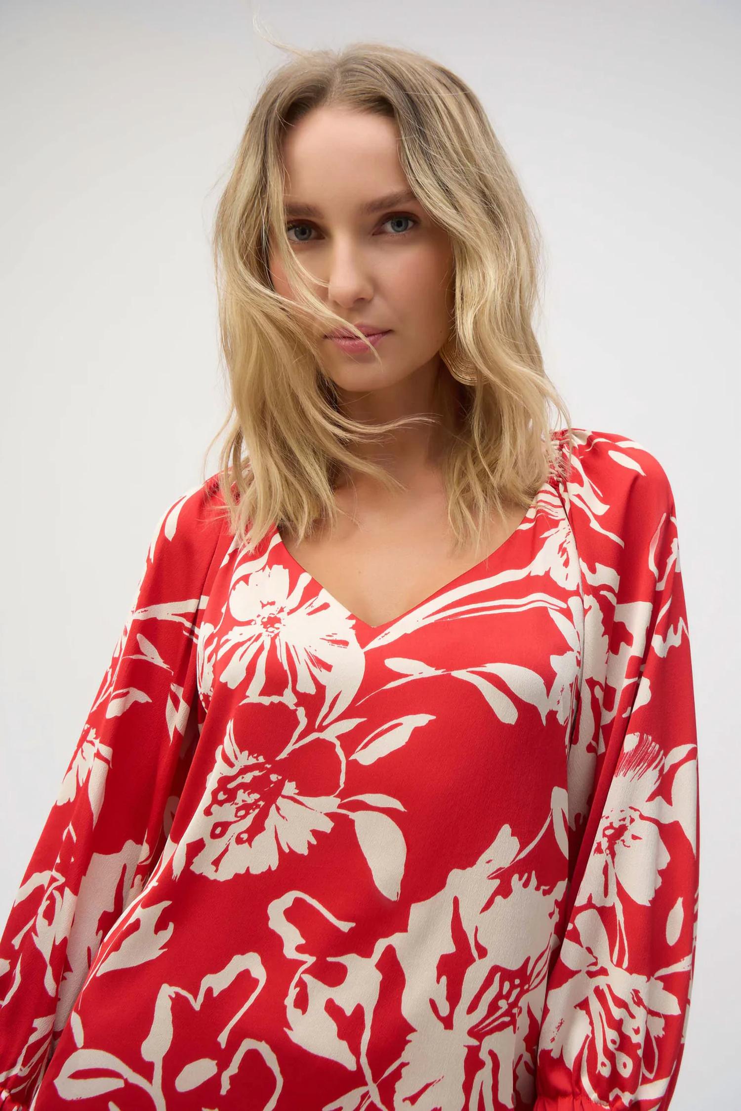 Joseph Ribkoff - Floral Print V-neck Puff Sleeve Top