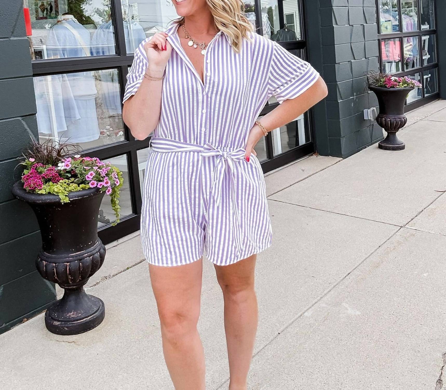 She + Sky - Melissa Button Front Stripe Romper