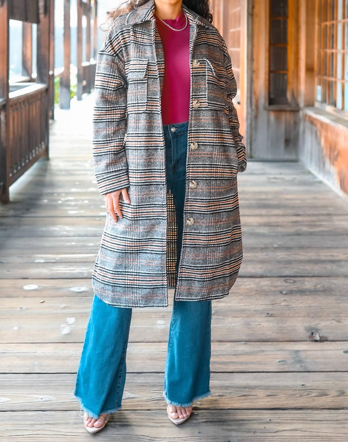 Surelymine - Plaid Button Down Long Shacket