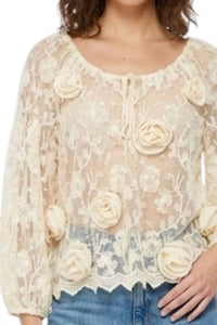 Anna Sui - Long Sleeve 3d Rose Textured Lace Blouse