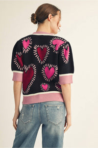 Jodifl Short Puff Sleeves Lovely Heart Sweater Top in black - women's sweater - detail view