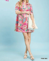 Umgee - Jacquard Paisley Print High Neck Mini Dress