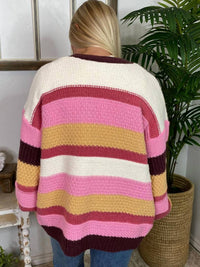ee:some Long Sleeve Striped Cardigan in berry and tan - women's cardigan - detail view