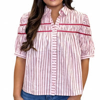 Karlie - Striped Elastic Knit Short Sleeve Button Down Top