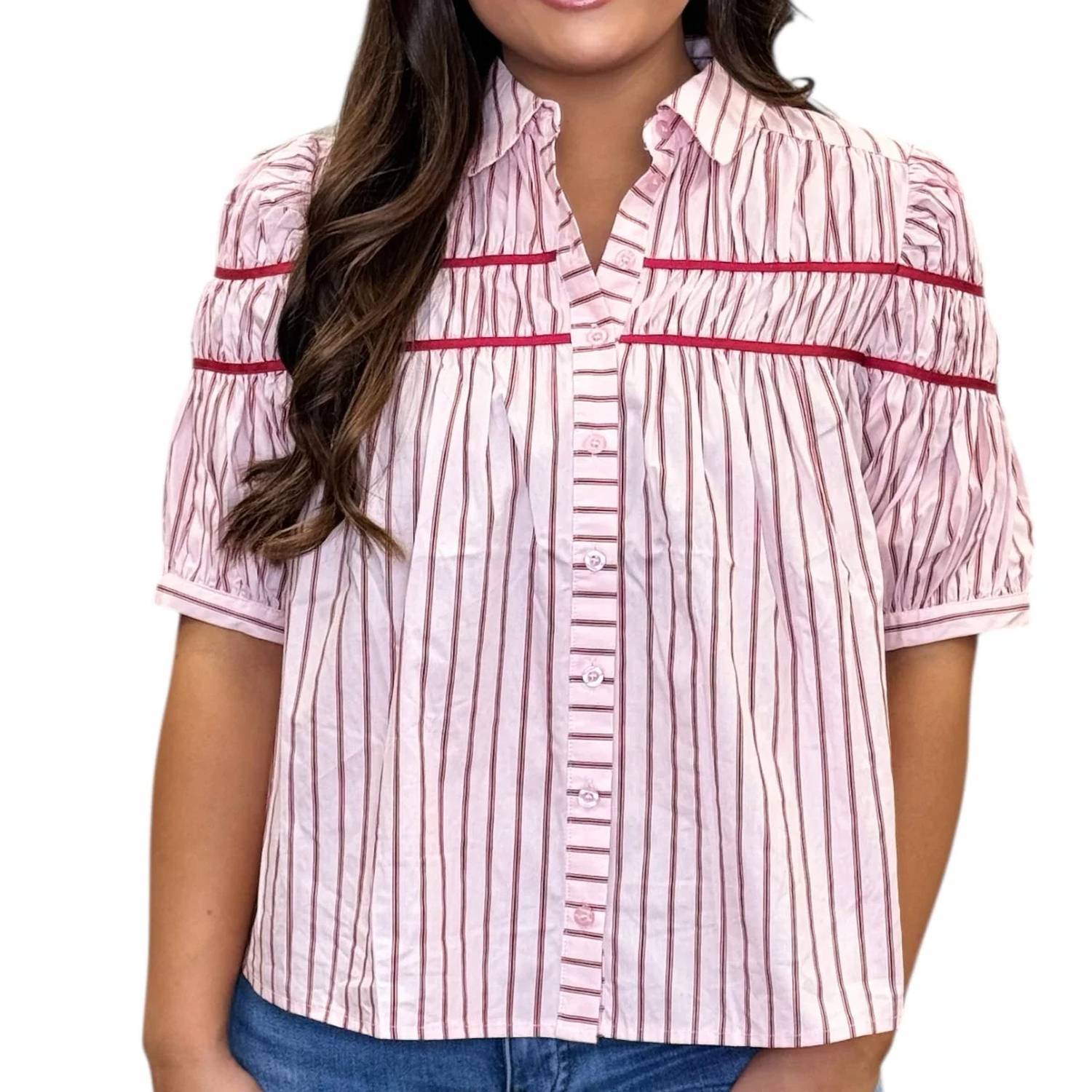 Karlie - Striped Elastic Knit Short Sleeve Button Down Top