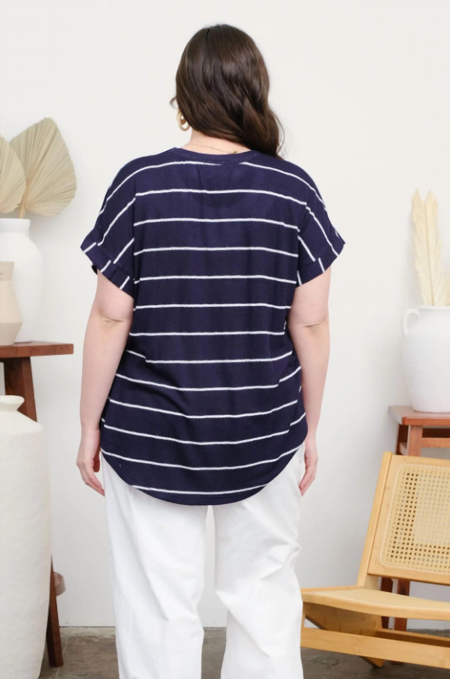 Perch by Blu Pepper Stripe Round Neck Short Cuff Sleeve Knit Top - Plus in navy - women's t-shirt - detail view
