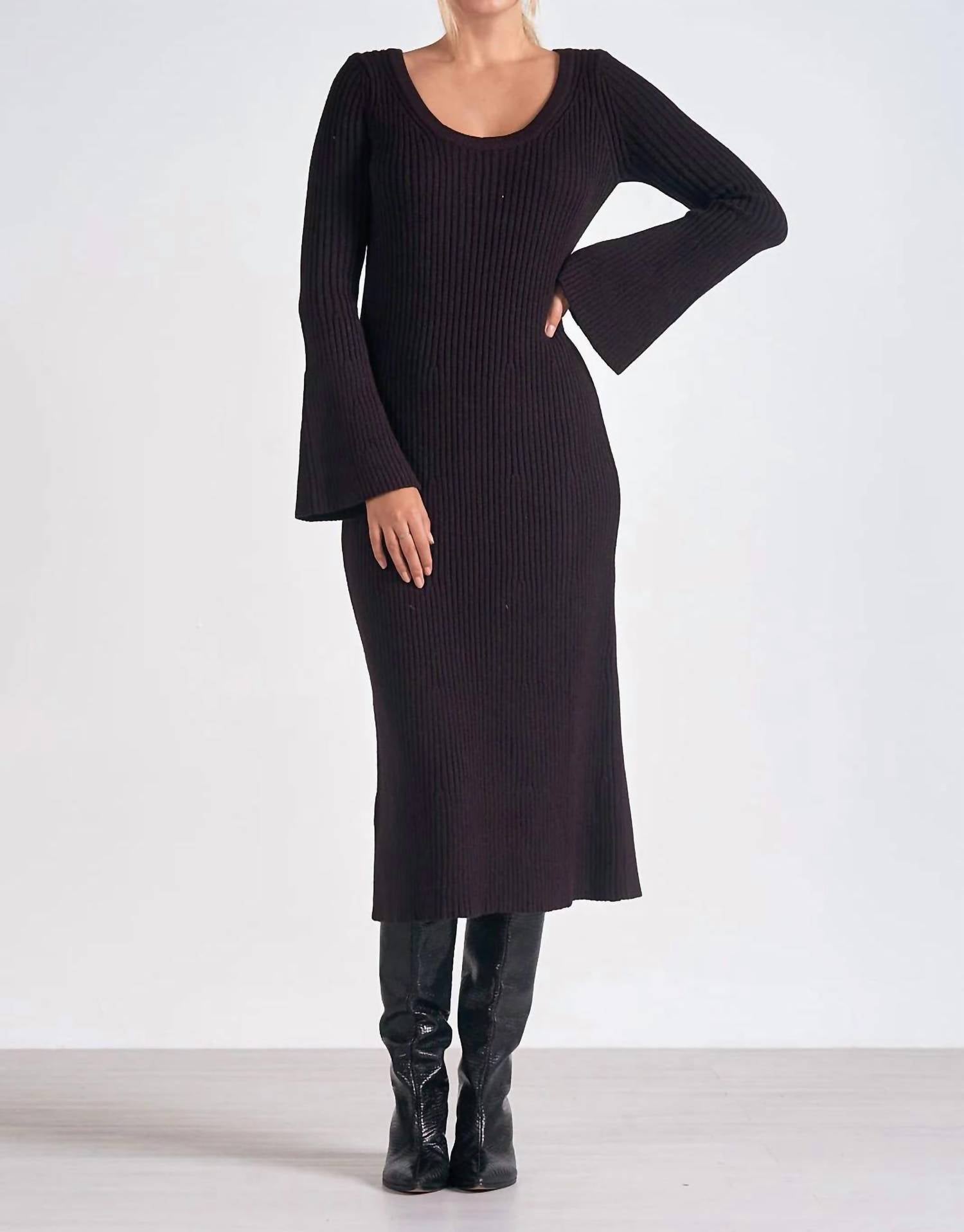 Long Sleeve Scoop Neck Dress Black / L
