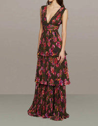 Amur - Women's Earthy Garden Fleur Deep V Pleated Gown