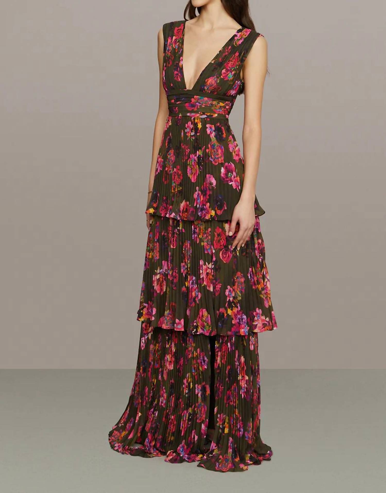 Amur - Women's Earthy Garden Fleur Deep V Pleated Gown