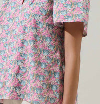 SUGARLIPS Gemalee Eyelet Mei Split Neck Top in pink green - women's blouse - view 5