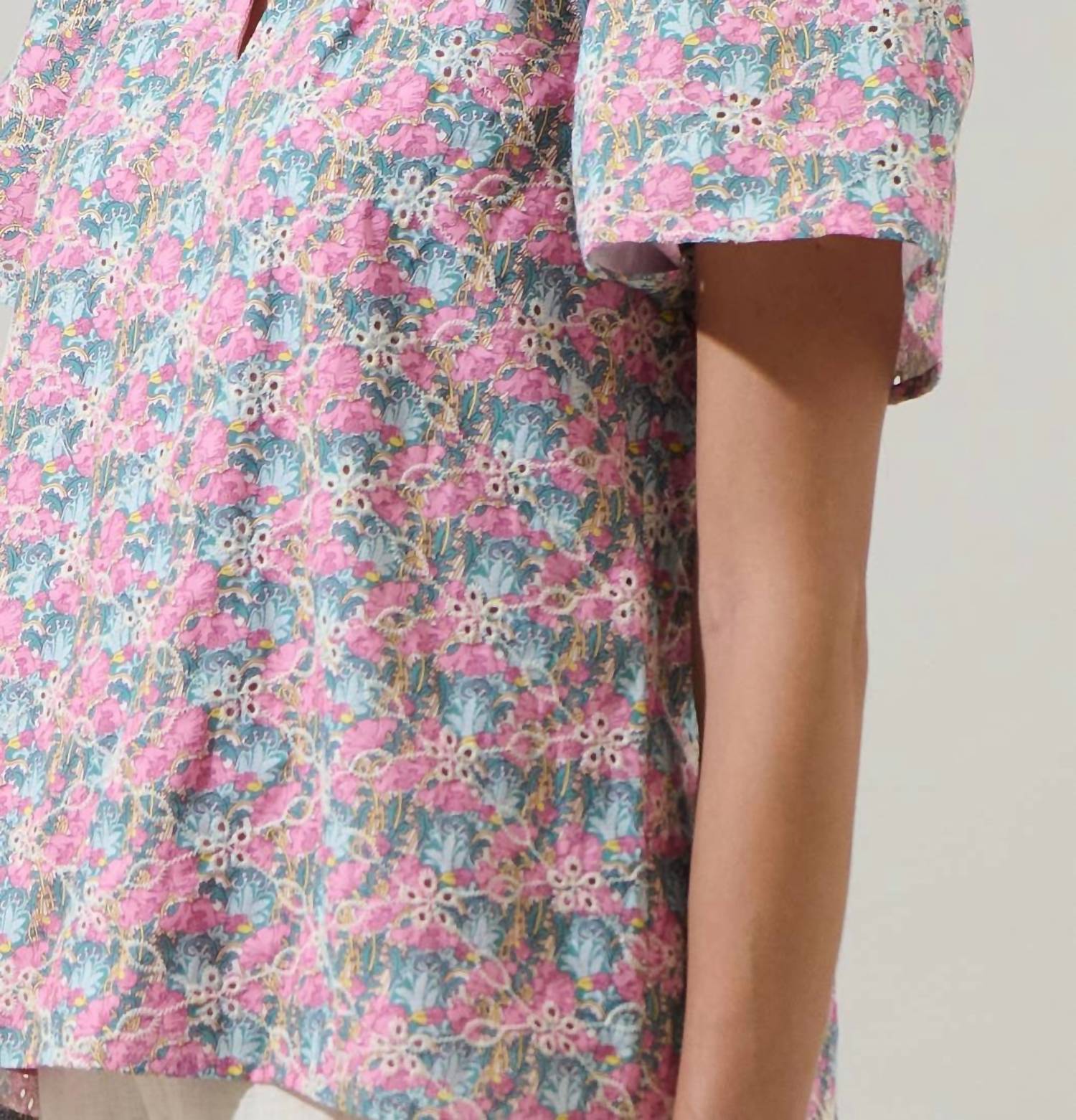SUGARLIPS Gemalee Eyelet Mei Split Neck Top in pink green - women's blouse - view 5