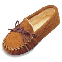 MINNETONKA Kid's Suede Pile Lined Softsole Moccasin in brown 1 - kids' shoe - detail view
