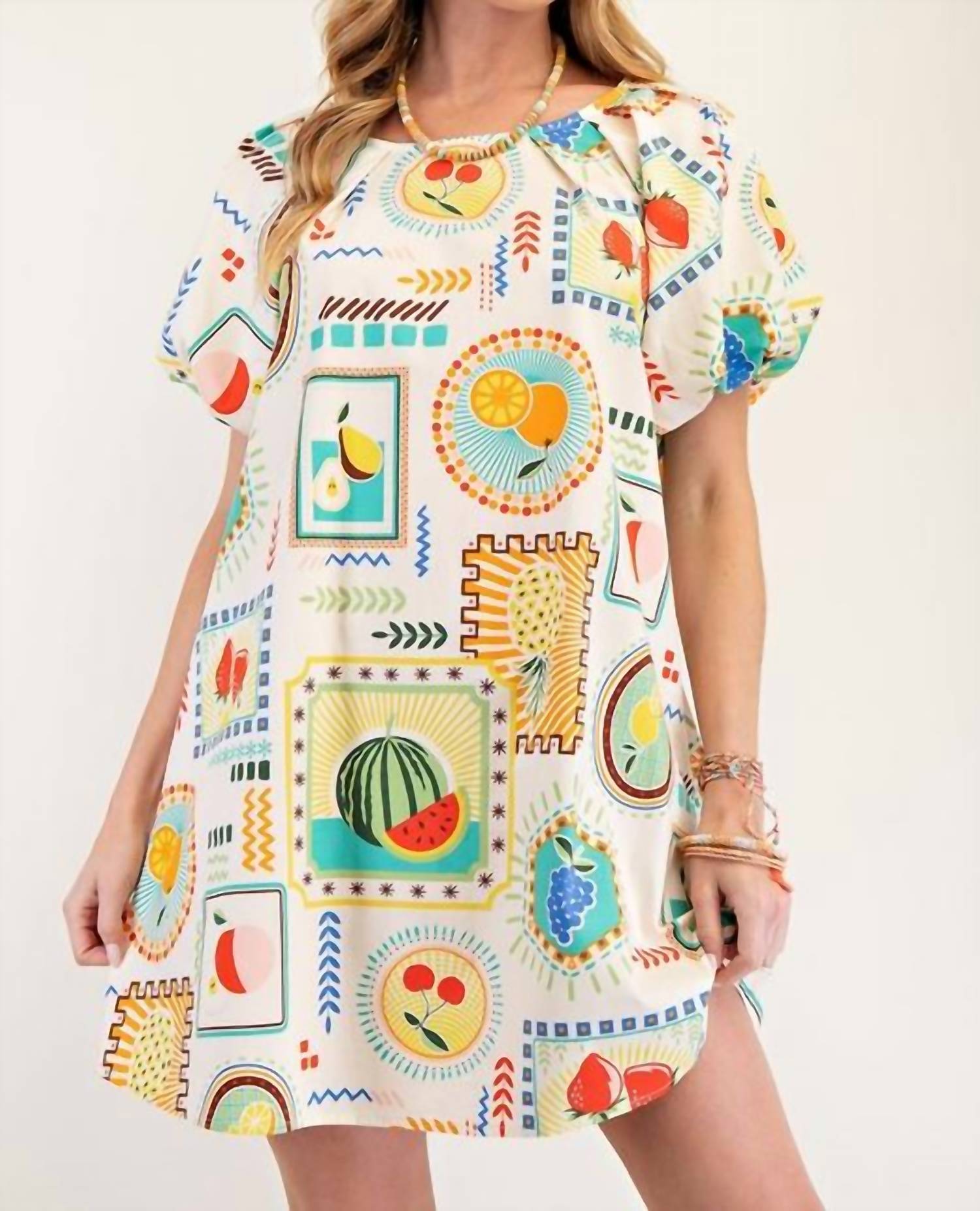 Easel - Fruit Pattern Short Sleeve Mini Dress