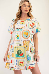 Easel - Fruit Pattern Short Sleeve Mini Dress