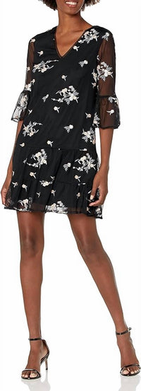 Adrianna Papell - V-neck Circular Flounce Embroidered Mesh Dress