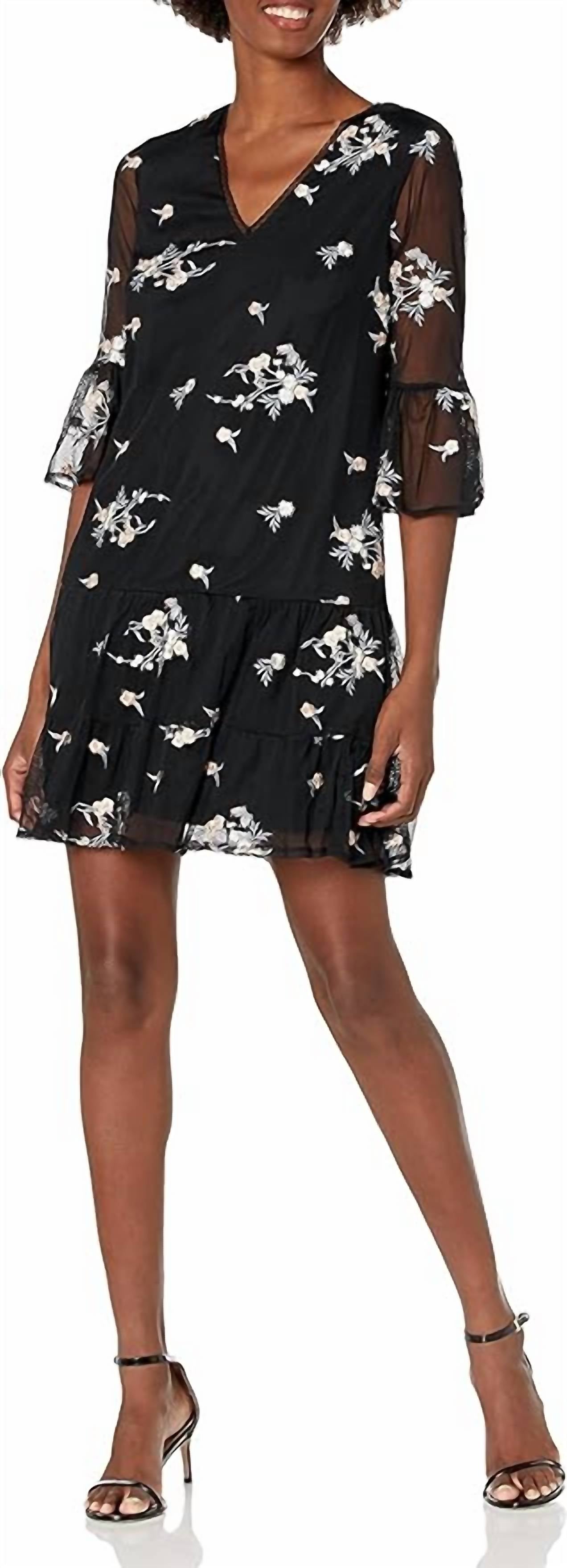 Adrianna Papell - V-neck Circular Flounce Embroidered Mesh Dress