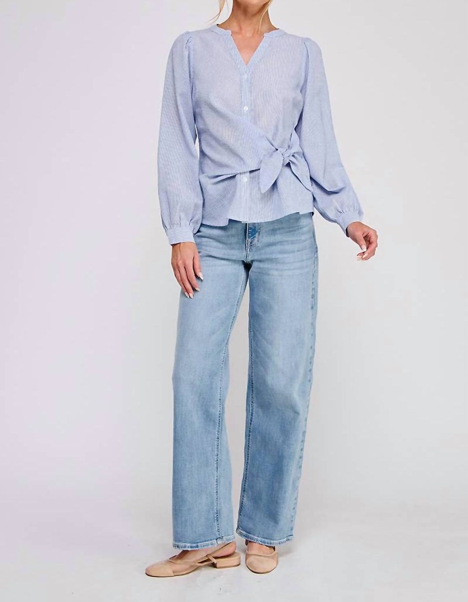 Allie Rose - Striped Side Wrap Tie Button Up Blouse