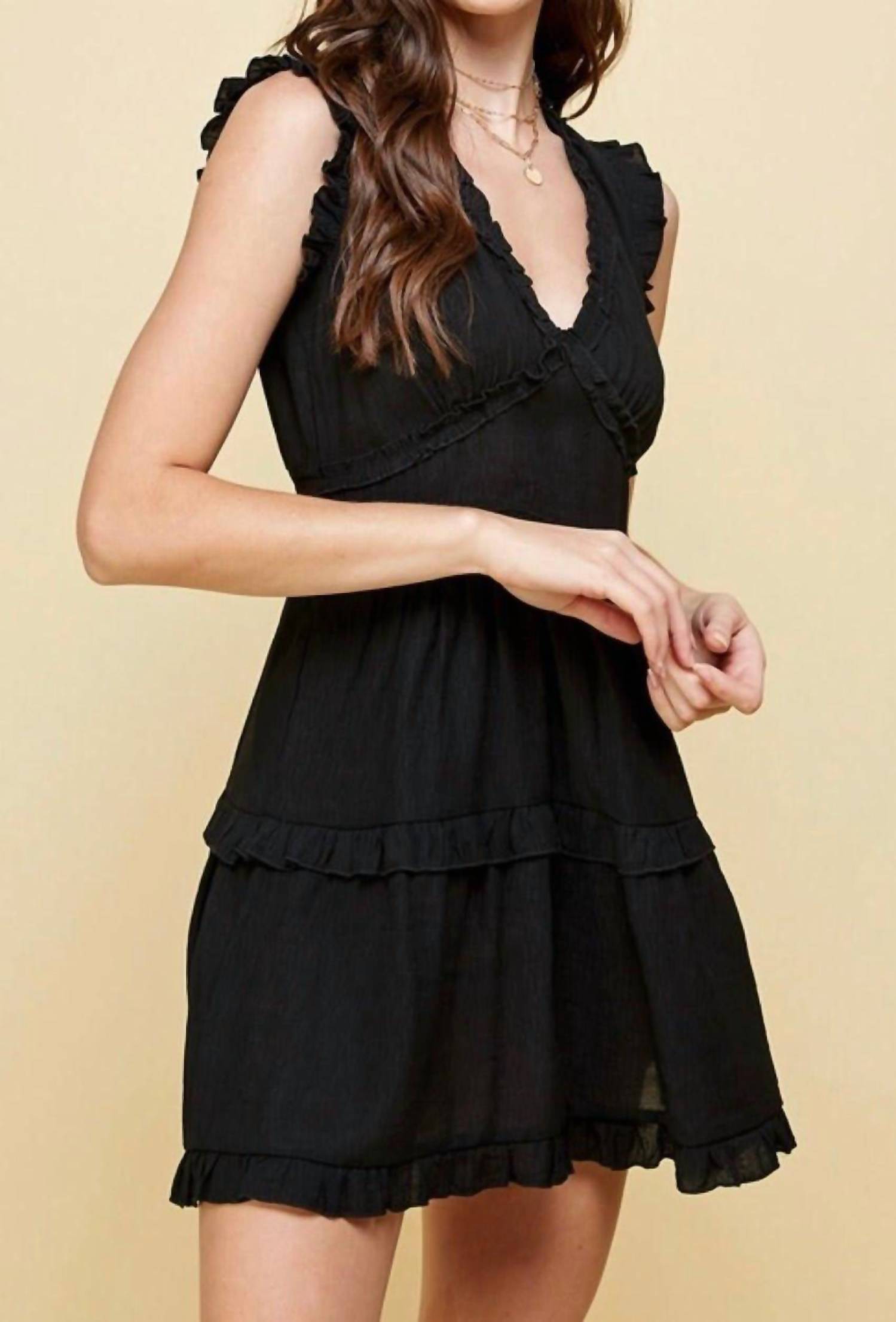PINCH Sleeveless V Neck Ruffle Detail Dress in black 1 - women's dress - alternate view