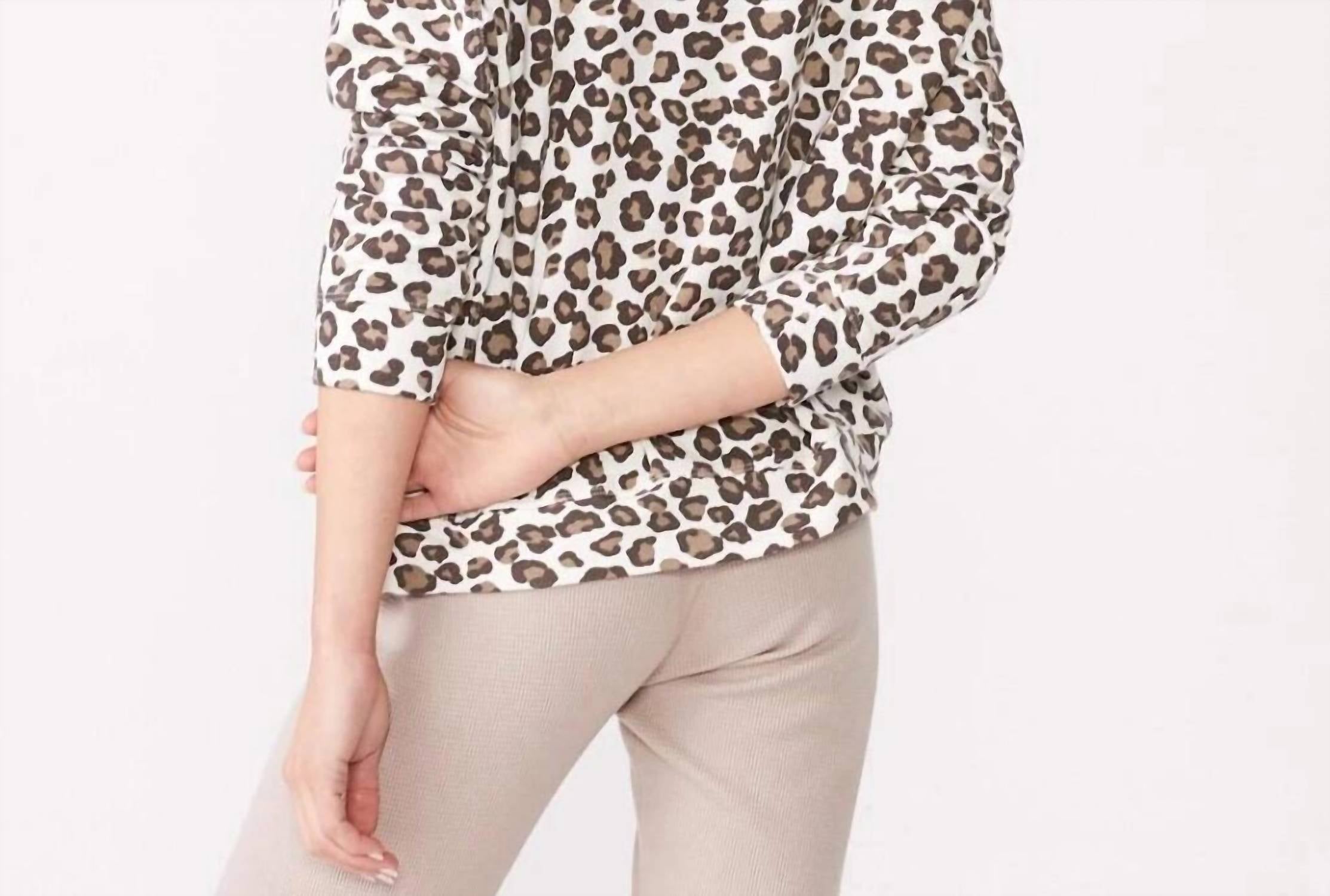 MONROW Paneled Leopard Sweatshirt in natural - women's top - detail view