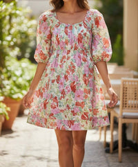 PINCH Puffy Sleeve Floral Mini Dress in coral multi - women's dress