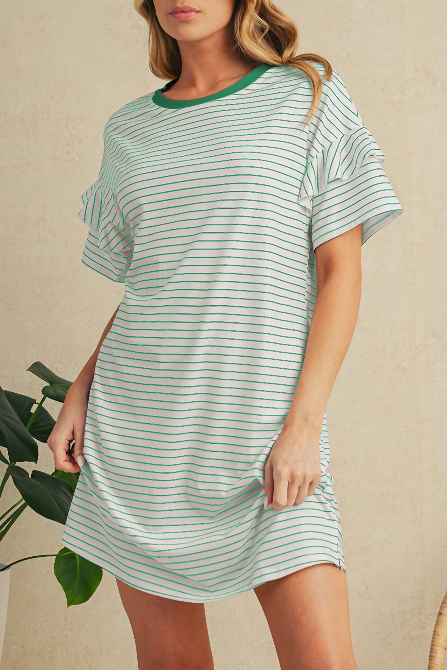 Shewin - Stripe Ruffle T-shirt Mini Dress