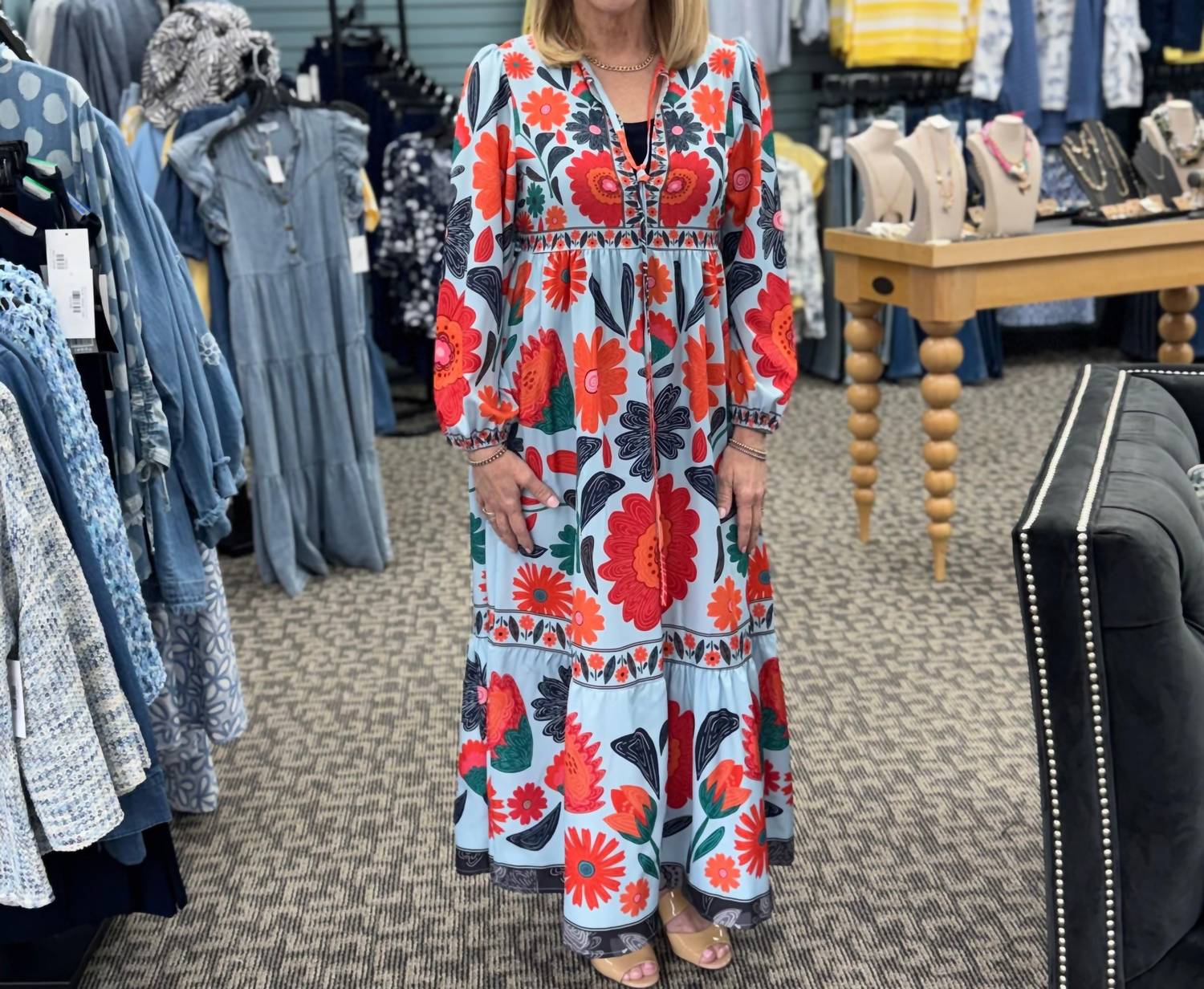 Rosa Clothing Vibrant Bohemian Tropical Long Sleeve Dress in blue - women's dress