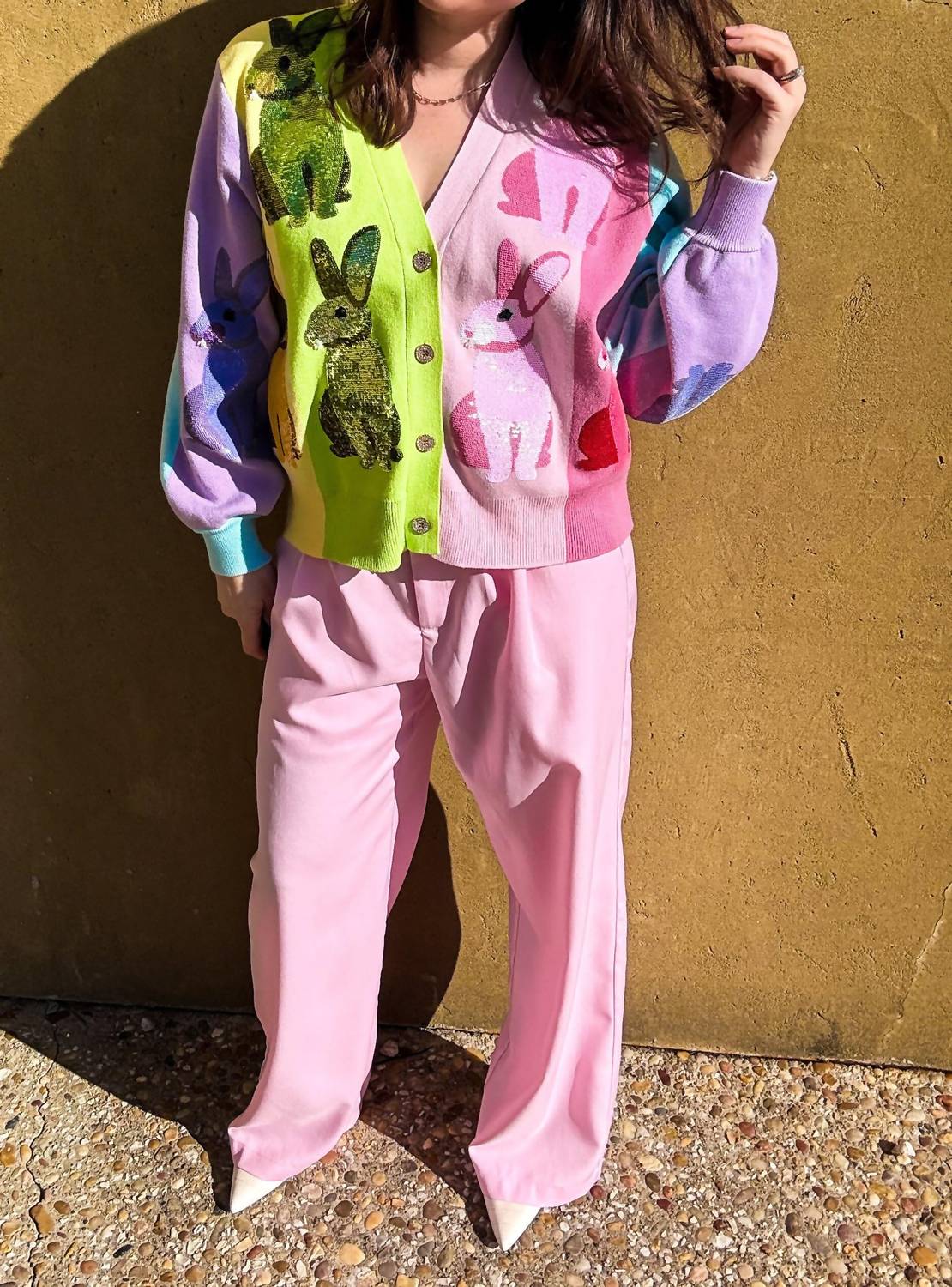 Queen Of Sparkles - Rainbow Colorblock Easter Bunny Cardigan