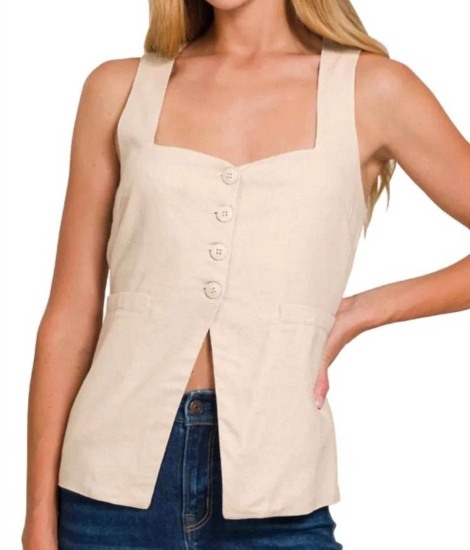 Zenana - Linen Tie-back 4-button Vest With Lining