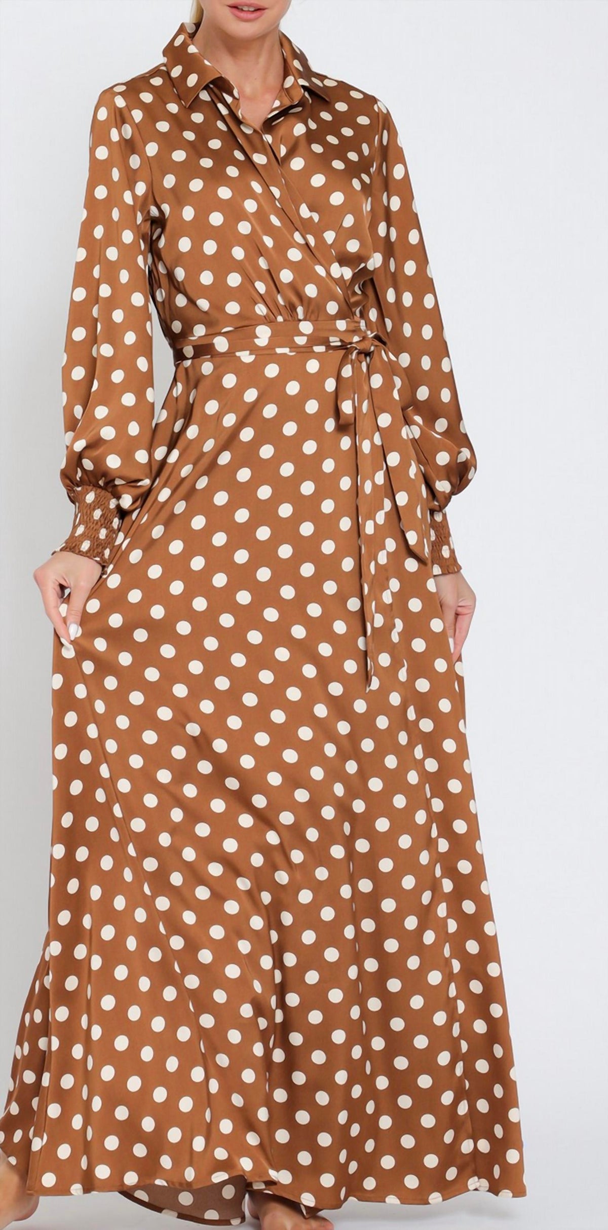 Aakaa - Polka Dot Long Sleeve Wrap Maxi Dress